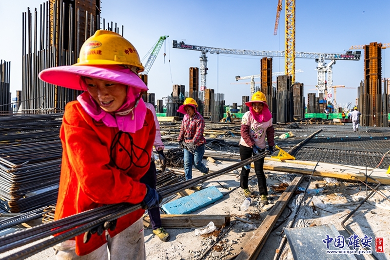 工地不乏女工的身影。抬钢筋、支模板，她们样样在行。中国雄安官网记者马梦迪 摄